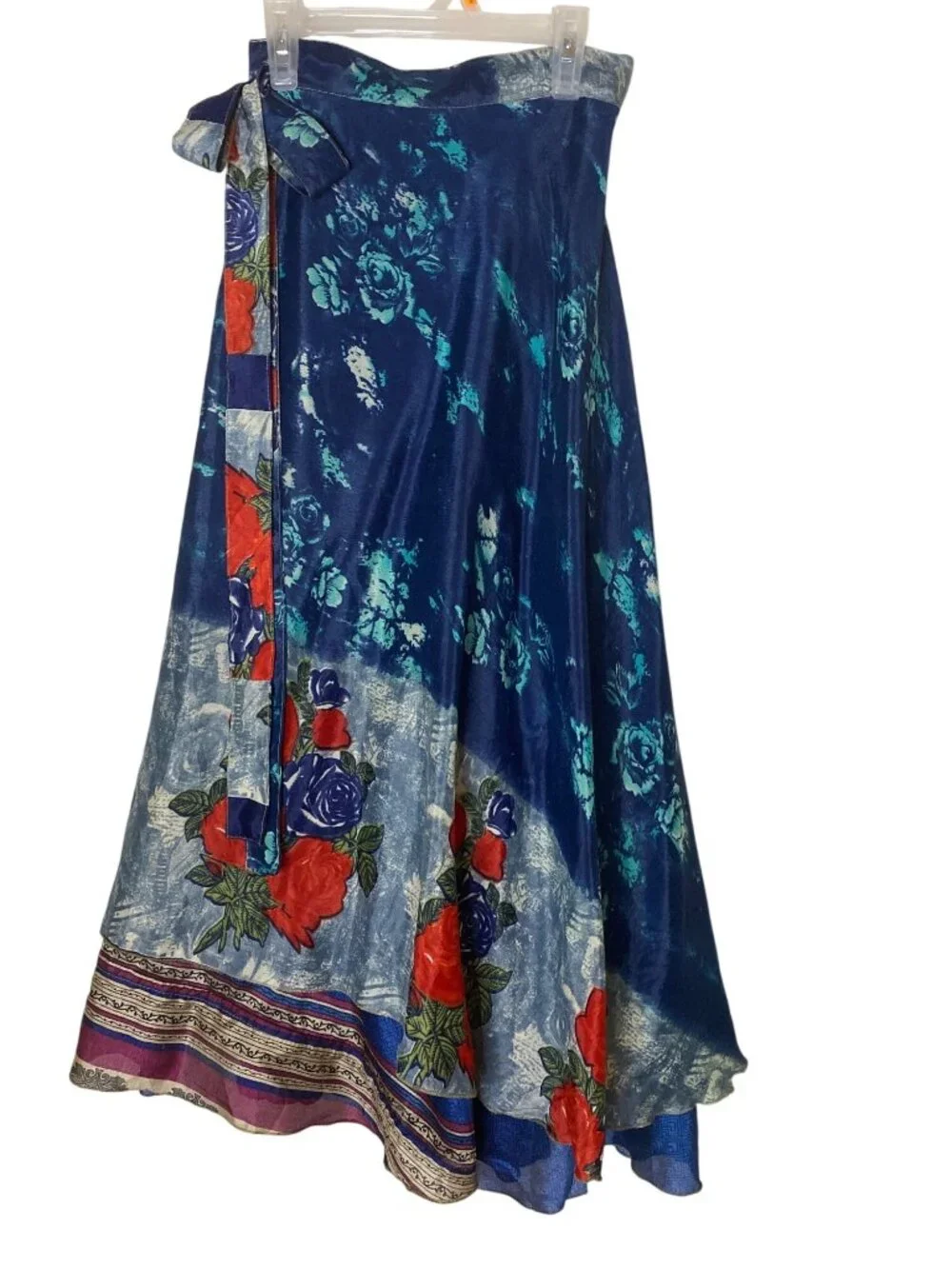 Reversible Sari Silk Magic Wrap Skirt Blue Boho Festival Hippie Maxi India OS
